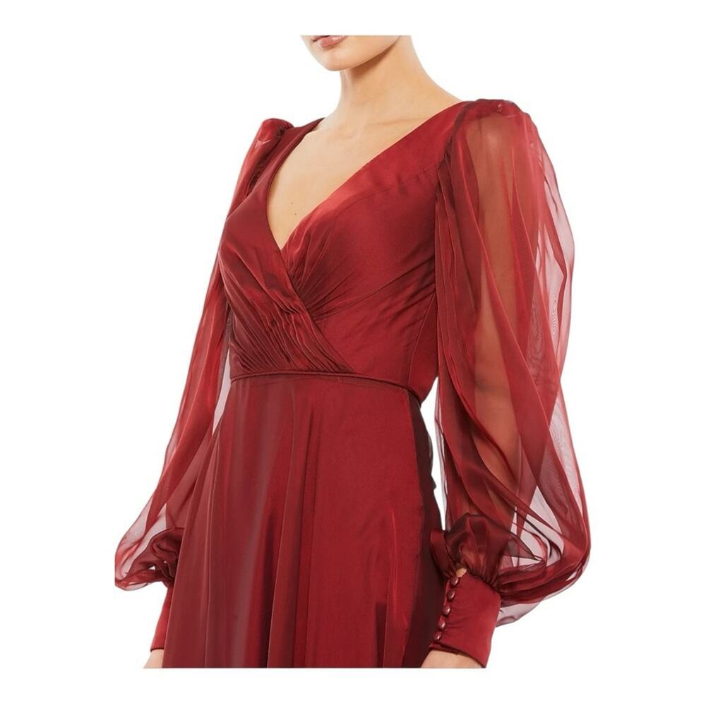 New!Mac Duggal Deep Red Long Sleeve Flowy Eleban Chiffon Gown Sz 8 - Picture 3 of 10